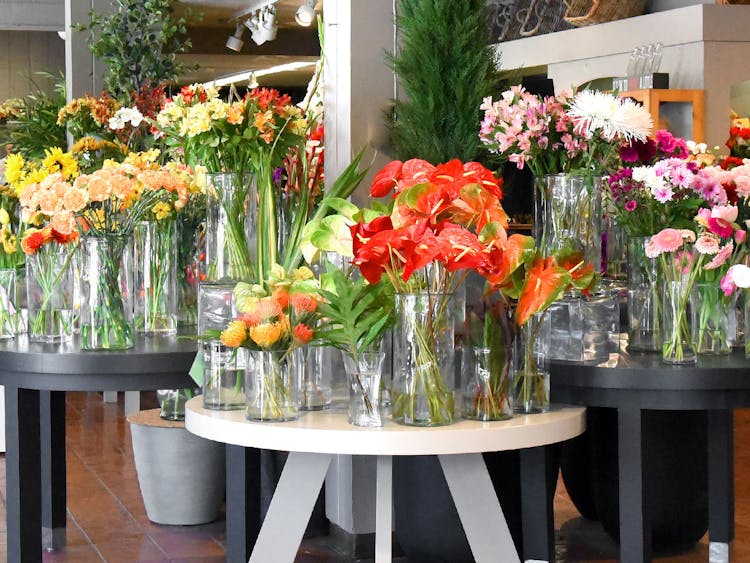 Flowers and vases on display in our storefront