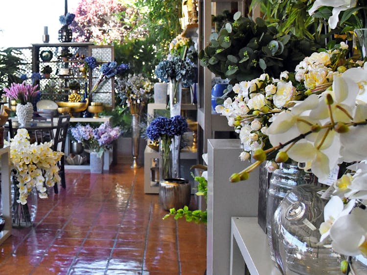 Floral arrangements and plants lining the interior of our showroom